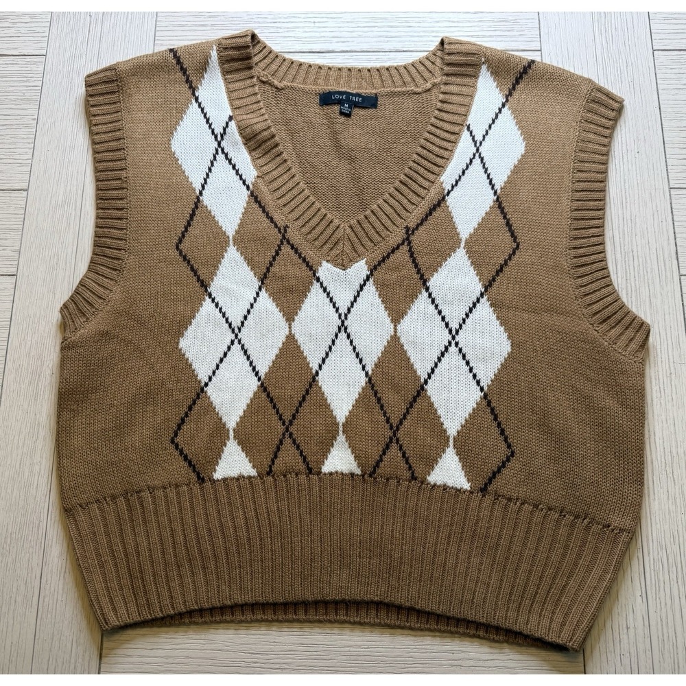 Love Tree Argyle Preppy Tan Black White Cropped Knit‎ Sweater Vest Sz M Academia